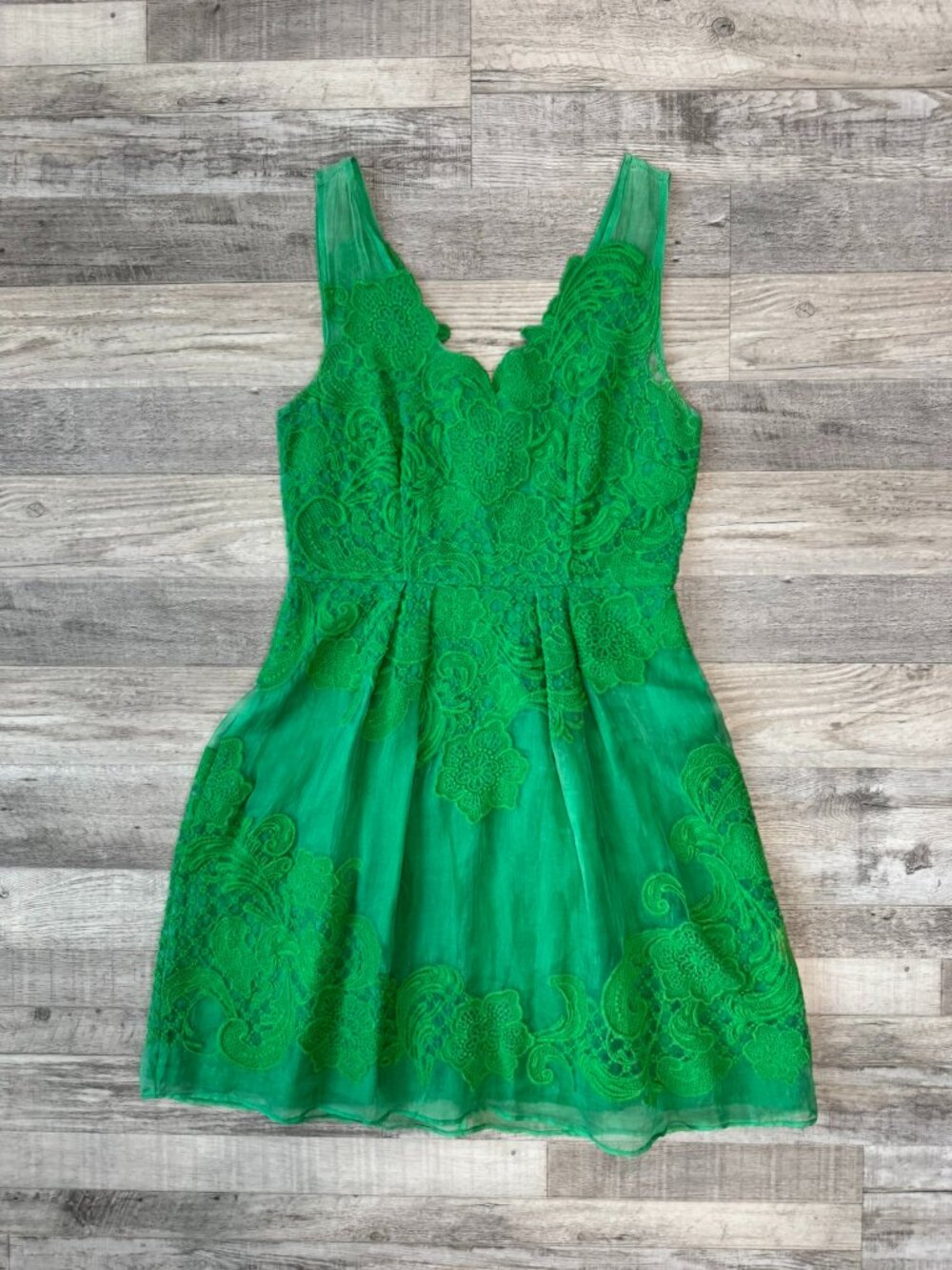 Baraschi For Anthropologie Green Lace Silk Sleeveless Dress Size 4 O6